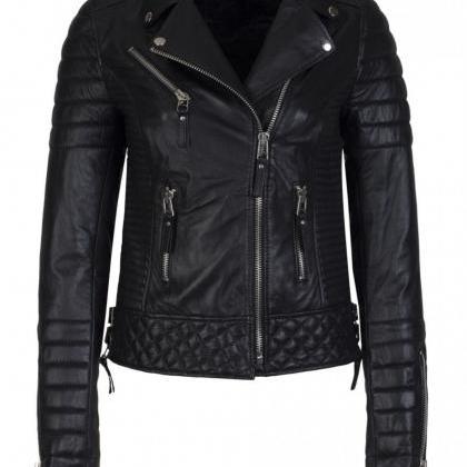 Women's Genuine Lambskin Leather Biker Jacket – Slim Fit Motorcycle Coat, Black