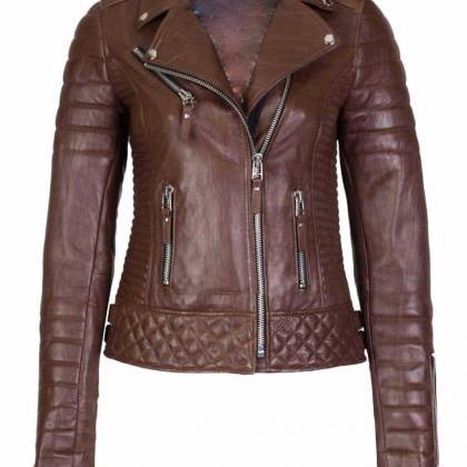 Women's Genuine Lambskin Leather Biker Jacket - Black Slim Fit Motorcycle Coat With Tags