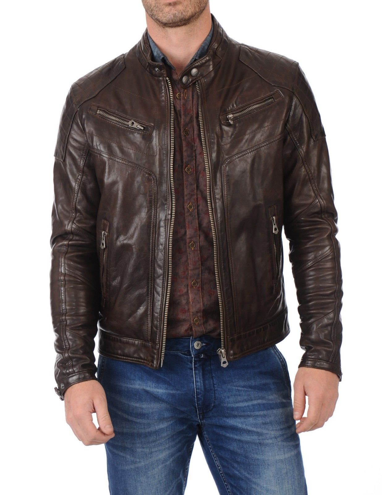 Men's Slim Fit Designed Brown Leather Jacket Coat Motor Biker Coat - 30 ...